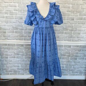 Zara Blue Ruffle Eyelet Embroidered Tiered Dress Cottage Romantic Coquette M
